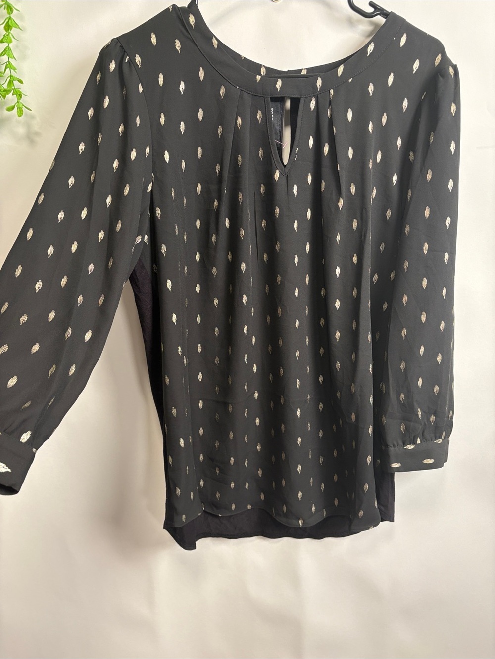 Black Metallic Dot Keyhole Blouse with Long Sleeves